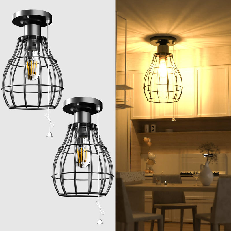Lightdot Farmhouse Flush Mount Ceiling Light with Pull Chain Industrial Ceiling Light Fixture Rustic Black Metal Cage Close to Ceiling Lamp E26 Base for Closet Hallway Foyer Kitchen-2Pack