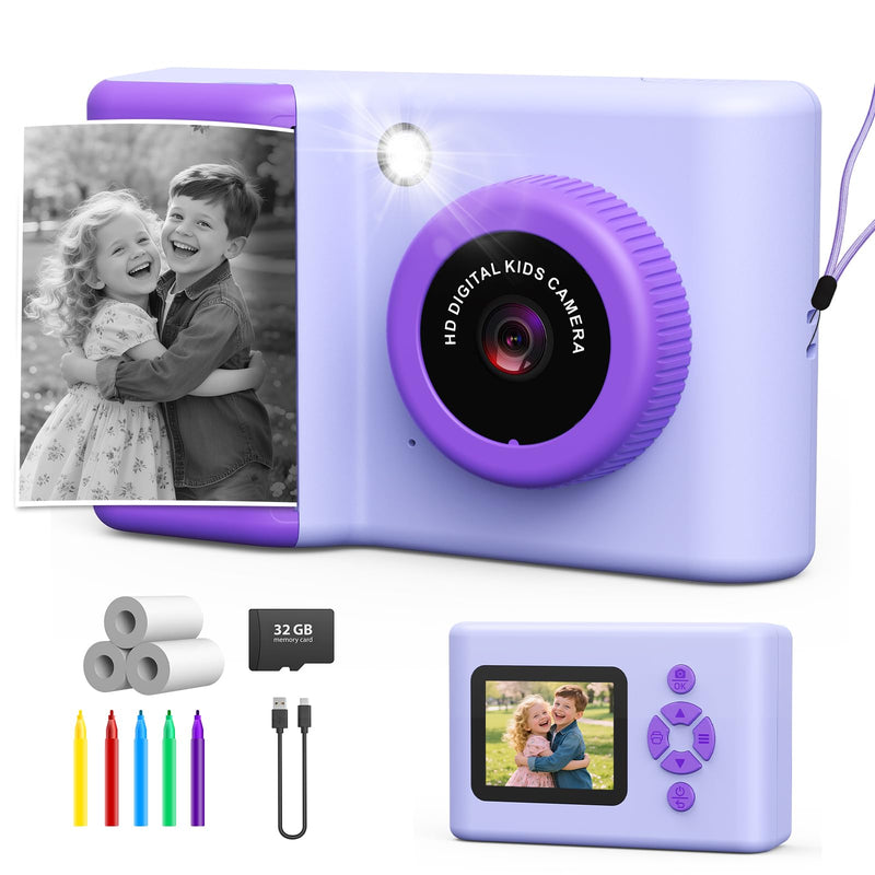 Kids Camera Instant Print, 20MP 1080P Video Instant Print Camera for Kids with 32GB SD Card, 240 Photos Printing, Face Recognition, ABS Durable, Christmas Birthday Gifts for Ages 3-12 Purple