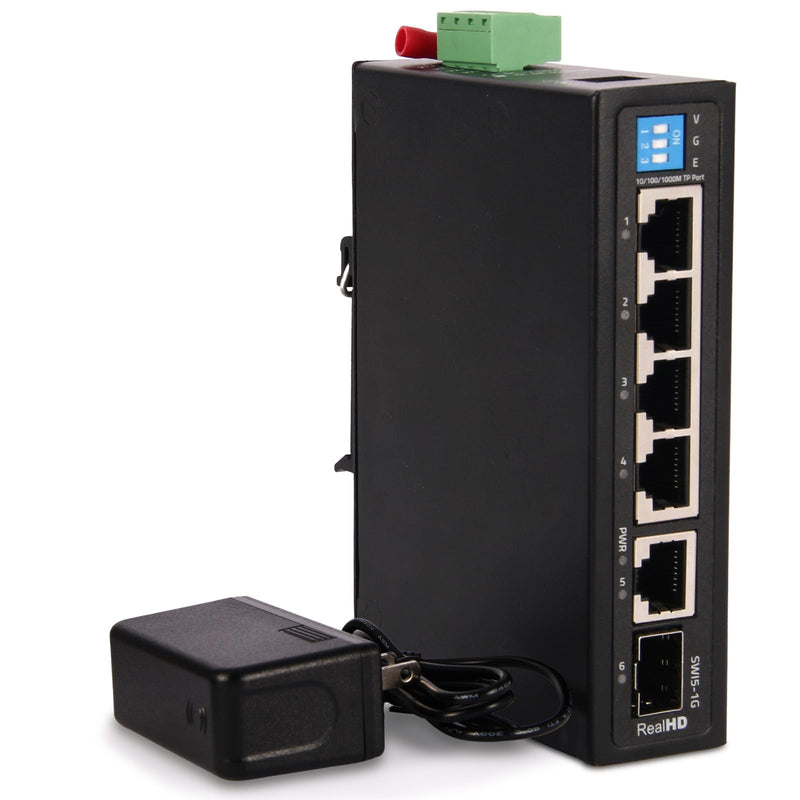 Industrial Ethernet Switch, 6-Port Gigabit Ethernet Switch, 1000Mbps, 4*1 RJ45 Uplink+1 SFP Port, Din Rail & Wall Mountable (-40 to 185 F), 12Gbps Switching Capacity, with UL Power Supply industrial etherent switch 4 port
