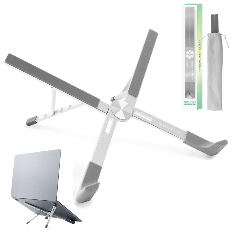 BELLEMOND | Adjustable Laptop Stand – Lightweight Aluminum Riser with 5 Height Levels | Foldable, Ventilated X-Frame Design | Designed in Japan | Fits Laptops & Tablets up to 17.3” | Space Silver