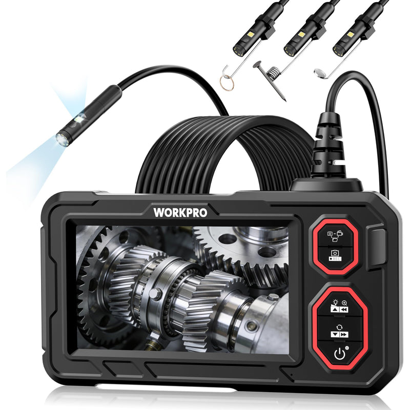 WORKPRO Endoscope Camera Dual Lens, 4.3 Inch IPS, 1080P, IP67, 5 m | Inspection camera with 8+1 LED light, hook, magnet and mirror, ideal for pipes, vehicles and hard-to-reach places