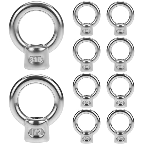 QWORK 10-Pack 1/2"-13 UNC Eye Bolts, 316 Stainless Steel Marine Grade Lifting Eyes for Boat Docks Deck Rigging & Coastal Projects - Heavy Duty Threaded Ring Bolts for Ropes and Cables