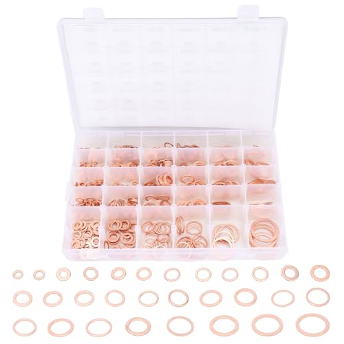 568pcs Copper Washers Assortment Kit, 30 Sizes M5-M28 Metric Oil Drain Plug Gasket Seal Kit, Flat Sealing Crush Washers Assortment Set for Automotive, Plumbing, Electrical, Mechanical Use, IMPA813080