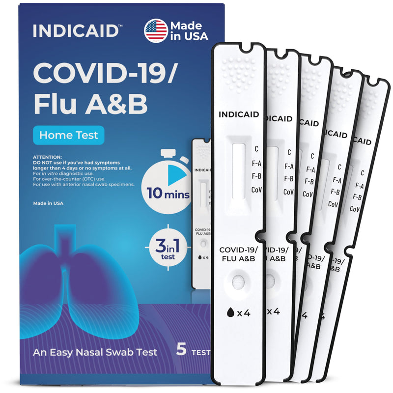 INDICAID COVID-19/Flu A+B 3-in-1 Antigen Test, Covid Flu Test Combo, 5 Tests, Accurate Results in 10 Minutes - Made in USA, Easy to Use at Home, School, Working Place, and when Traveling- FSA/HSA Eligible
