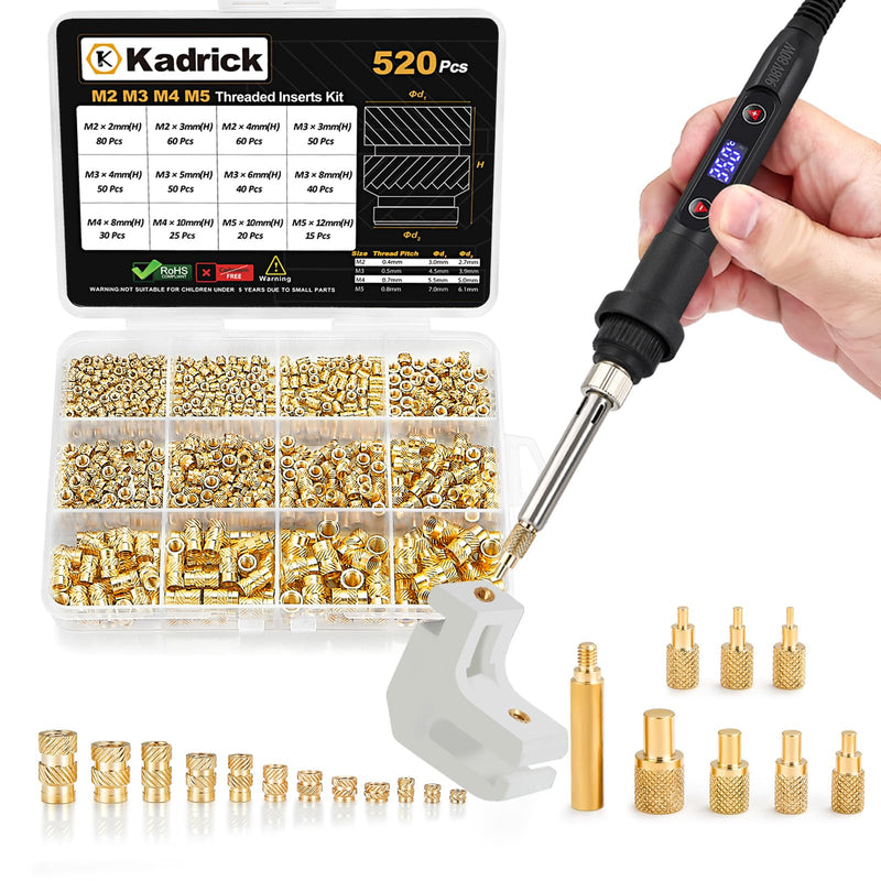 Professional Heat Set Insert Tool Kit: 80W Soldering Iron Heat Insert Tool with 520pcs Brass Inserts & Heat Set Insert Tips (M2-M8) for 3D Printing Tools + 520Pcs Heat Inserts