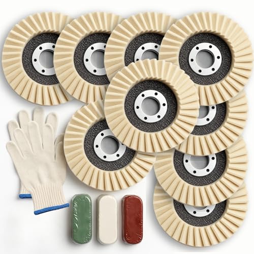 13PCS Aluminum Polishing Kit – 9 Felt Polishing Wheels for Grinder 3 Aluminum Buffing Compound Bars 1 Gloves Angle Grinder Kit for Metal Surface Finishing Rim Detailing DIY Garage Use 13 PCS Beige Set