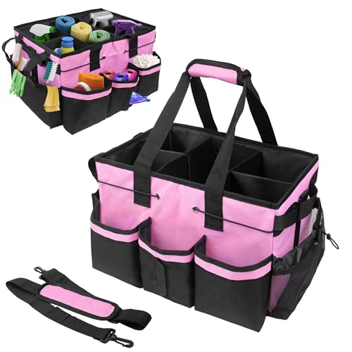 ZKOO Large Cleaning Caddy Bag with Handle, Built-in Sturdy Support Board, Adjustable Shoulder Strap, Multi-compartment Design Cleaning Supply Tote for Cleaners & Housekeepers (Pink) Pink