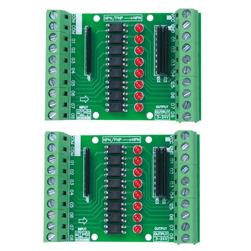 8 Channel Optocoupler Isolation Board, DC 3.3V 5V 8 Channel Optocoupler Isolation Module, PNP NPN Low High Level Output Signal Converter Pack of 2
