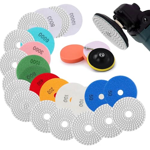 Diamond Polishing Discs Set of 16 – 125 mm 50-10000# with M14 Backing Pad | Concrete grinding disc for granite, stone, concrete and marble, includes M14 backing plate and adapter for polishing work 16 pieces 125mm diamond polishing discs