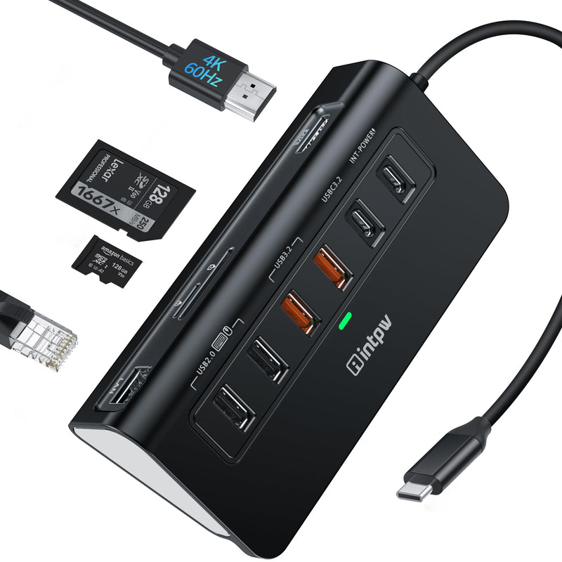 USB C Hub Ethernet, 10Gbps USB C Docking Station 10-in-1 with 4K@60Hz HDMI, Type-C & 2 USB A 3.2 Data, LAN, 2 USB A 2.0, PD 100W, SD/TF Ports, Powered USB Hub for Laptop, PC, iPhone 16/15, Mac Black