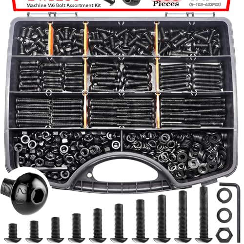 Twidec/633PCS M6 Bolt Assortment Kit M6x10/12/14/16/20/25/30/35/40/45mm 12.9 Grade Button Head Hex Socket Cap Screws Metric Bolts Nuts