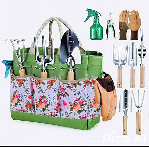 9-Piece Garden Tool Set for Women & Men – Heavy Duty Stainless Steel Gardening Tools Kit with Floral Storage Bag | Gardening Hand Tool Set Gift for Adults & Beginners