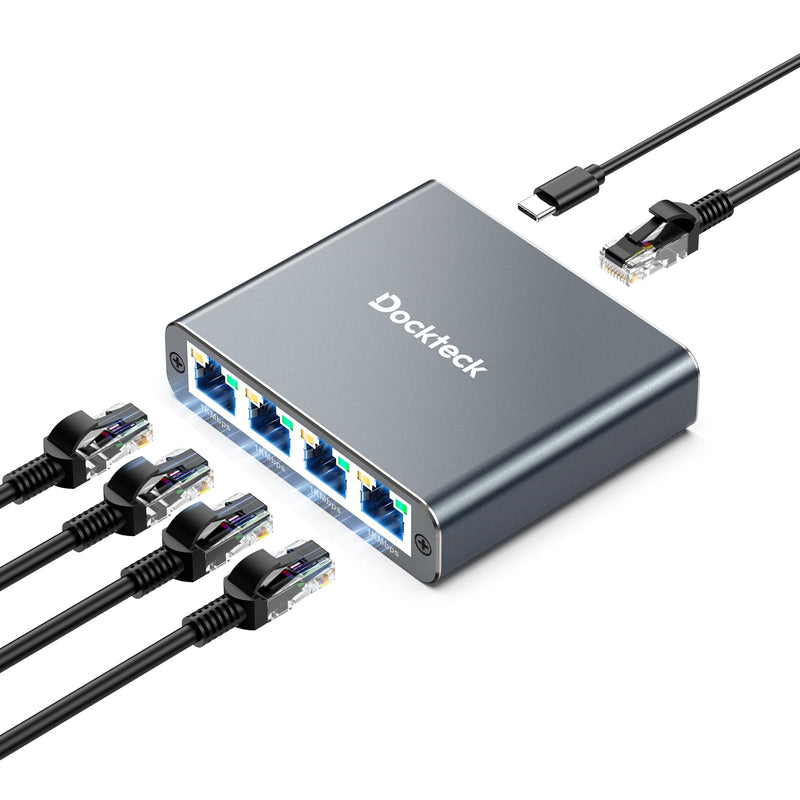 Ethernet Splitter 1 to 4 1000Mbps, Dockteck Internet Cable Splitter 1 in 4 Out High Speed Switch Network Gigabit for LAN RJ45 Port Router Switch Work with Cat5/5e/6/7/8 Cable (Silver Grey) Ethernet Splitter 1 to 4-Grey