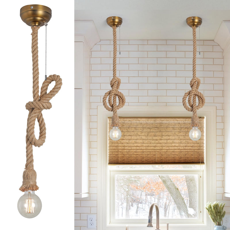 KEESFU Hemp Rope Pendant Light Rope Chandelier,Rustic Ceiling Light with Pull Chain,Vintage Boho Pendant Hanging Light Height Adjustable for Kitchen Island Hallway Bedroom Dinning Table 1-light
