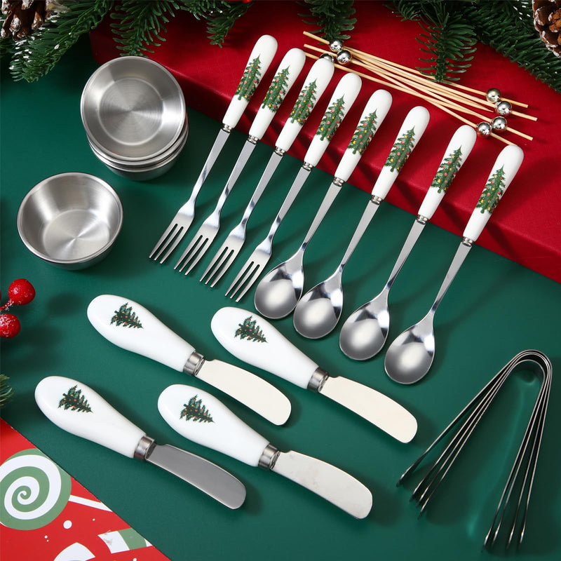 Roshtia 28 Pieces Christmas Cheese Butter Spreader Knives Set Charcuterie Accessories Gift Ceramic Handle Stainless Steel Forks Knives Spoons Serving Tongs Dip Bowls Cocktail Picks Tableware(Silver) Silver