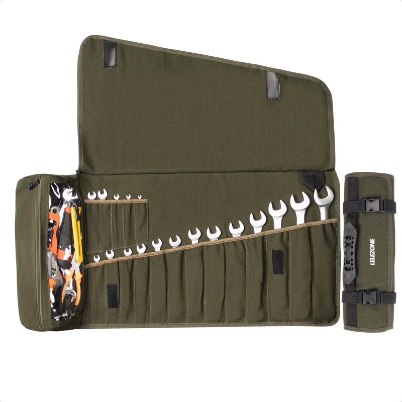 LELEZONE Wrench Roll Up Pouch, 19+1 Pockets Utility Roll, Portable Tool Organization Roll Bag, Gifts for Men Father Mechanic, Heavy Duty Canvas Wrench Organizer Bag (Green) Green