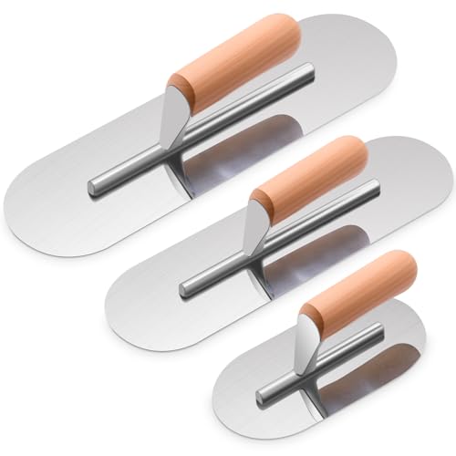 Lasnten 3 Piece Pool Trowel, Stainless Steel Finishing Masonry Trowel Set Includes 14" x 4", 12" x 4", 8" x 3", Lightweight Wooden Handle, for Drywall Concrete Cement Plastering Tool(Round Head) Round Head