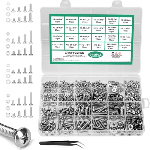 CraftGenes 710PCS Machine Screws Nuts and Washers Assortment Kit, Stainless Steel #4-40#6-32#8-32#10-24 Pan Head Bolts Set, Fasteners Hardware Kit with Case