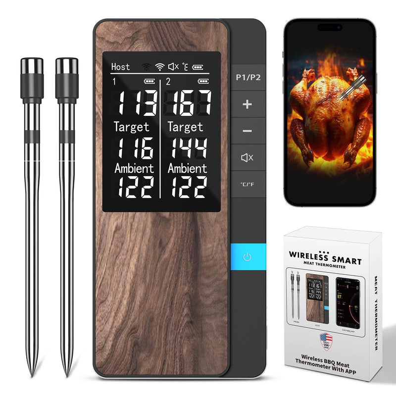 Wireless Meat Thermometer-Multi Sensors Digital Food Thermometer with Ultra-Thin Probes, Accuracy Smart Bluetooth Meat Thermometer for Steak, BBQ, Oven, Grill, Smoker,Recipes in App & Host 2 Probes