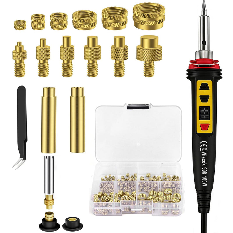Threaded Inserts Soldering Tips Set, 100 W LED Soldering Iron with Temperature Adjustable, 130 Pieces Thread Inserts M2/M3/M4/M5/M6/M8, Soldering Tips for Thread Insert