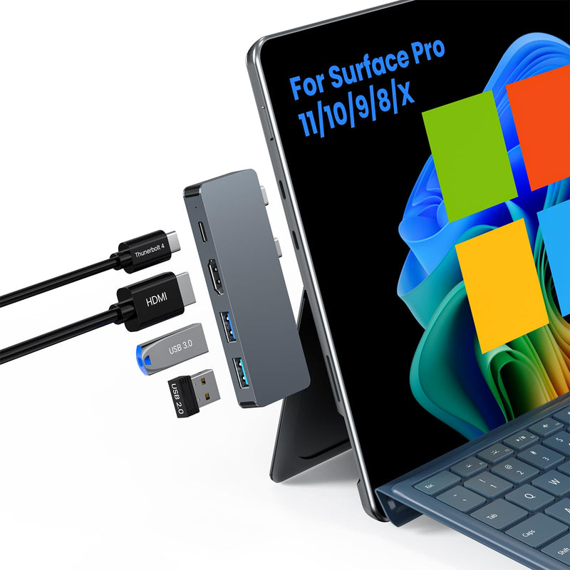 Surface Pro 11 USB Hub Docking Station 4K HDMI, USB-C Thunerbolt 4(8K Video+40Gbps+100W PD), 2 USB 3.0 Dock Hub for Surface pro 9/10/11 Pro 9 8 X