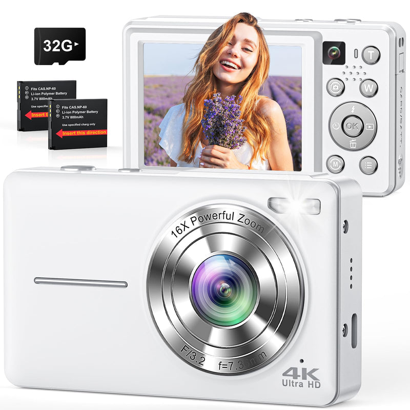 Digital Camera, 4K 64MP Cameras for Photography, Point and Shoot Digital Camera with Auto Focus, Dual Camera, Flash, 16X Zoom, Anti Shake, 32GB Card, Compact Vlogging Camera for Teens, Adults White