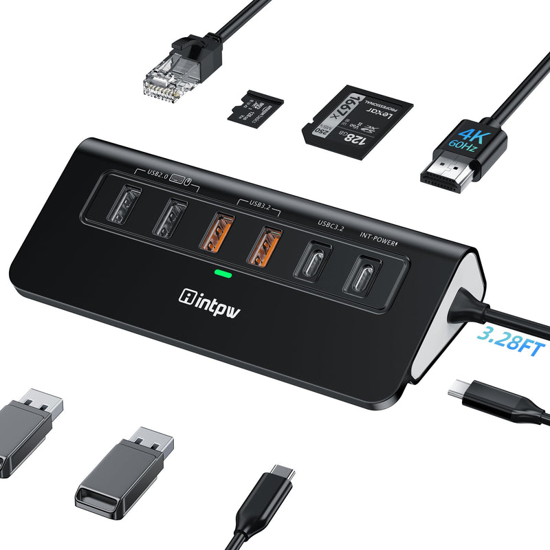 USB C Hub Ethernet, 10Gbps Laptop Docking Station 10-in-1, 4K@60Hz HDMI, 3 USB C/A 3.2 Data, LAN, 2 USB A 2.0, PD 100W, SD/TF Ports, 3.28FT Powered USB Hub for Laptop, PC, iPhone 16/15, Mac
