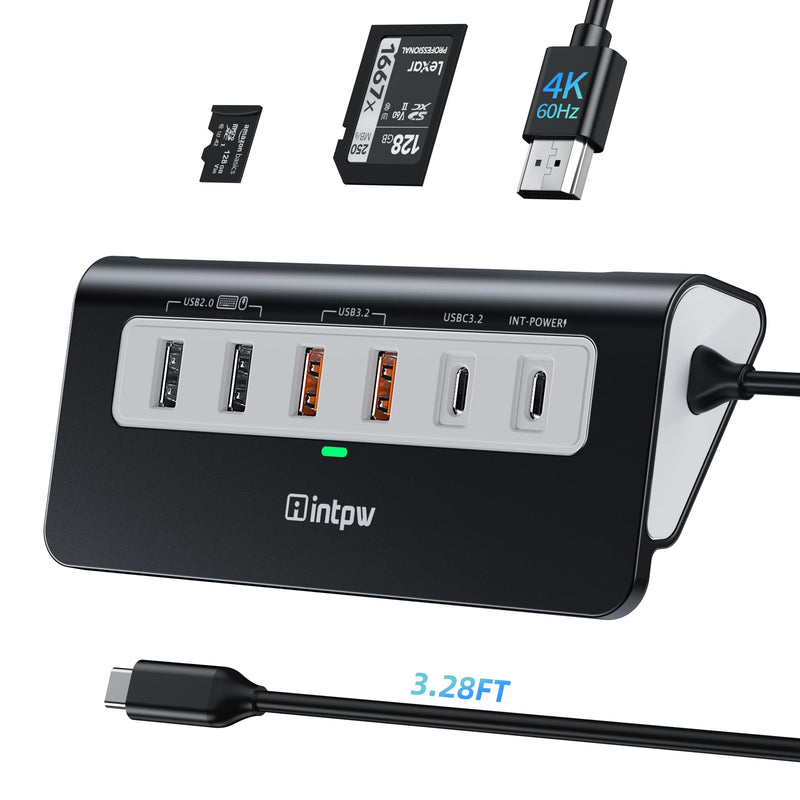 USB C Hub 10Gbps, 9-in-1 USB C Docking station 3.28FT with 4K@60Hz HDMI, Type-C & 2 Type-A 3.2, 2 USB-A 2.0, PD 100W, SD/TF Port, Black Aluminum USB Hub for Laptop, iPhone 16/15, MacBook Air/Pro