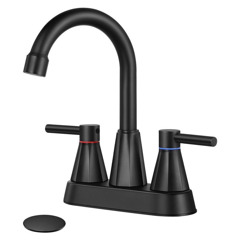 4" Bathroom Sink Faucet, 2-Handle Matte Black, Pop-Up Drain Included | 360° swivel spout, ceramic cartridge, 20% water-saving aerator, RV ready