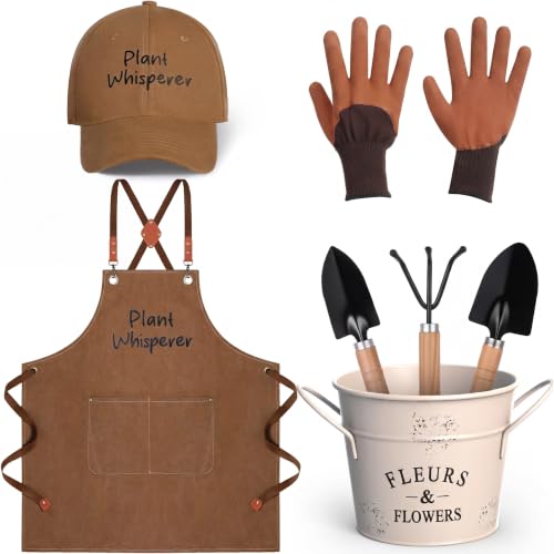 Tarpop 7 Pcs Garden Tool Set Plant Whisperer Apron Cap Gloves Tools, Brown