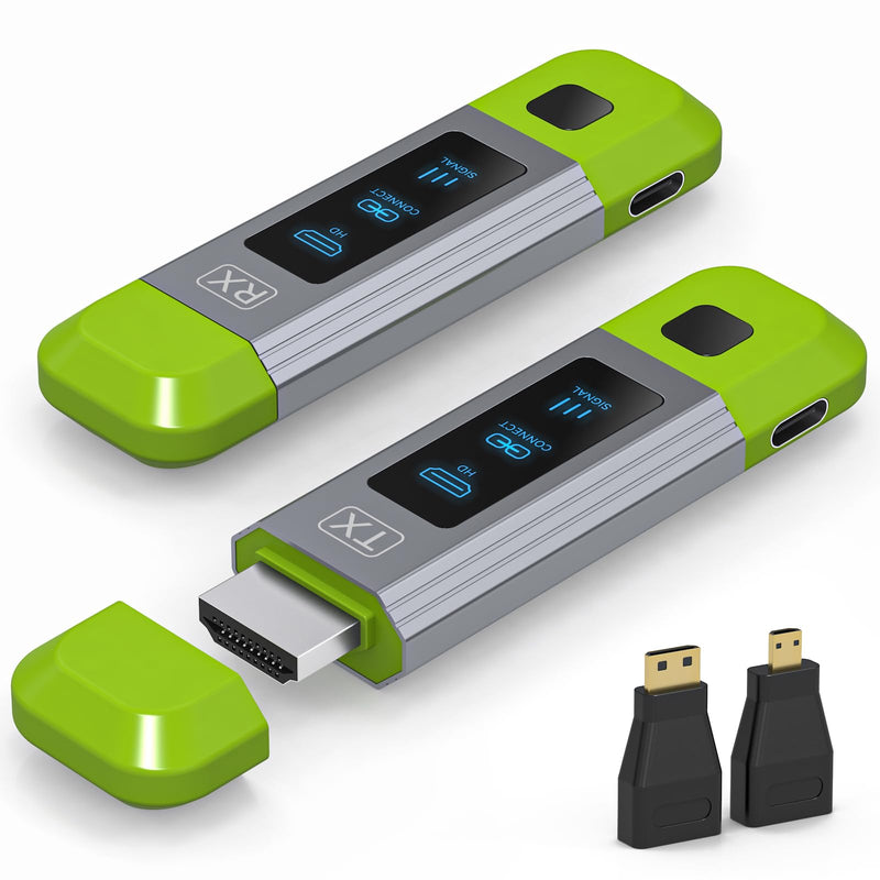 TJCXELE Wireless HDMI Transmitter and Receiver 328FT/100M Support 4K Decode 1080P@60Hz HD Video Output,Plug&Play 2.4G+5.8G Wireless HDMI Extender for Video and Audio to Monitor from PC/Projector/TVBox 1TX to 1RX Green