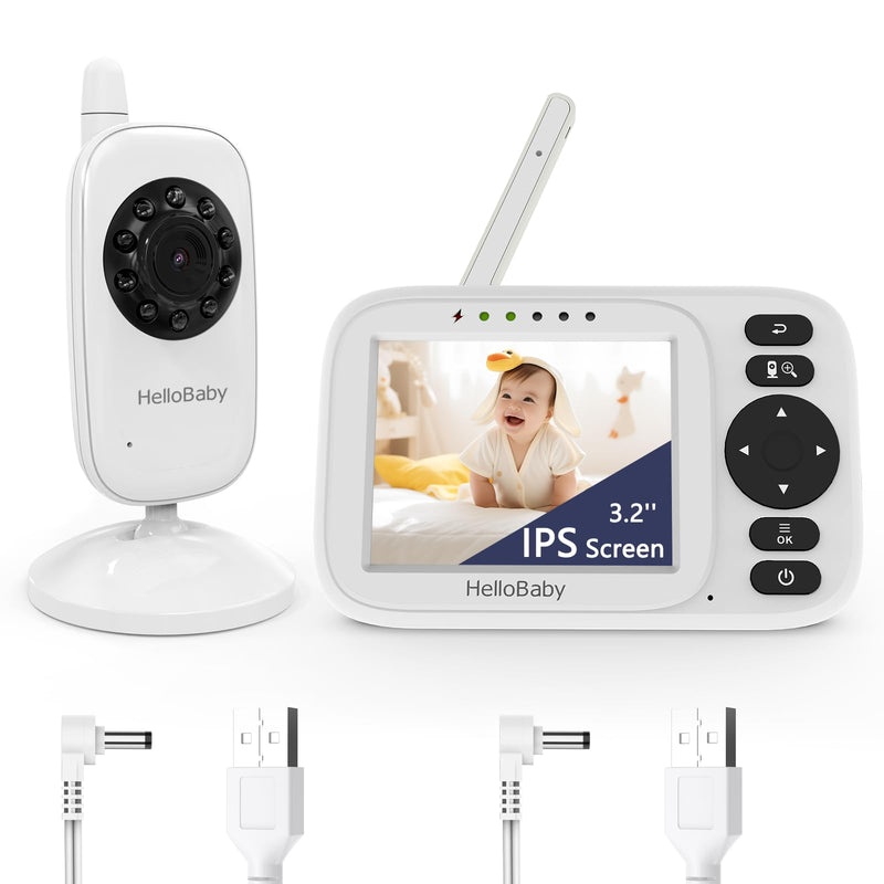 HelloBaby Baby Monitor No WiFi,Video Baby Monitor with Camera and Audio,3.2'' IPS Screen, Manual Baby Camera Adjustment, Night Vision, 1000ft/305m Range, ECO/VOX, Feeding Reminder, USB Charging Cable HB2438