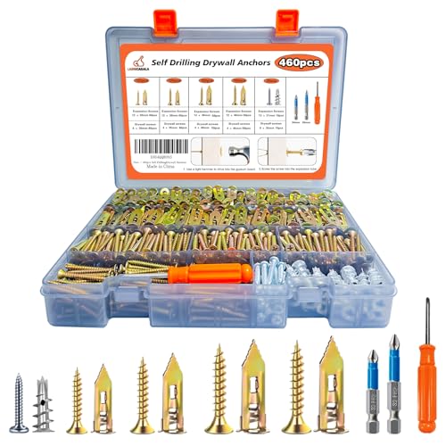 460PCS Self Drilling Drywall Anchors with Screws Kit,5-Sizes Metal Expansion Bolt for Dry Wall,230 PCS Sheetrock Anchors and 230 PCS Screws-No Drill Needed 450
