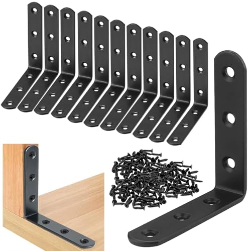 12 PCS Black L Brackets for Wood, 4" x 4" Heavy Duty L Corner Brace 90 Degree Metal Right Angle Bracket for Shelves, Furniture, Cabinets, Thickness 3MM, Included 72 PCS Screws 100x100MM