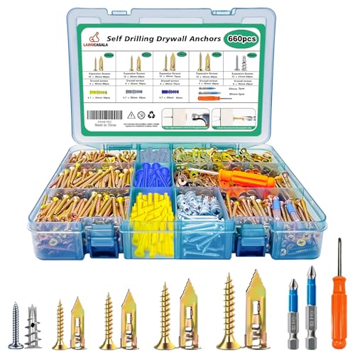 660PCS Self Drilling Drywall Anchors with Screws Kit,5-Sizes Metal Expansion Bolt for Dry Wall,330 PCS Sheetrock Anchors and 330 PCS Screws-No Drill Needed 660