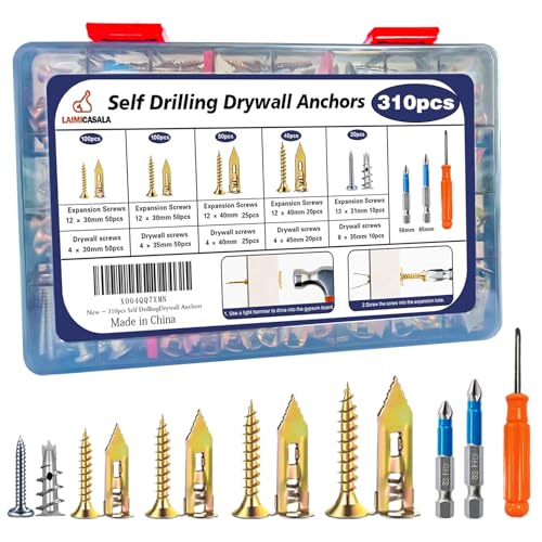310PCS Self Drilling Drywall Anchors with Screws Kit, Wall Anchors for Drywall, 5-Sizes Metal Expansion Bolt for Dry Wall,155 PCS Sheetrock Anchors and 155 PCS Screws-No Drill Needed 310