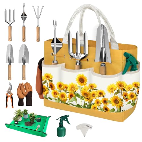 22Pcs Gardening Tools Set for Women Heavy Duty Garden Hand Tool Kit,Birthday Gifts for Mom Wife Grandma Beginner,Gardening Accessories with Sunflower Tote Bag/Shovel/RepottingMat/Plant Labels/Gloves Yellow