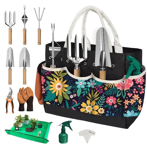 22Pcs Gardening Tools Set for Women Heavy Duty Garden Hand Tool Kit Birthday Gifts for Mom Her Wife Grandma Beginner Gardening Accessories with Tote Bag/Shovel/Repotting Mat/Plant Labels/Gloves-Black Black