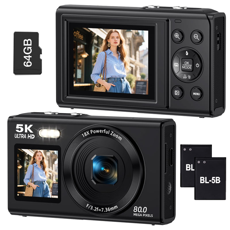Dual Screen 5K Digital Camera for Vlogging, 80MP WiFi Camera with Front Display, 18X Zoom, Fill Light, Includes 64GB Card & 2 Batteries S150PRO
