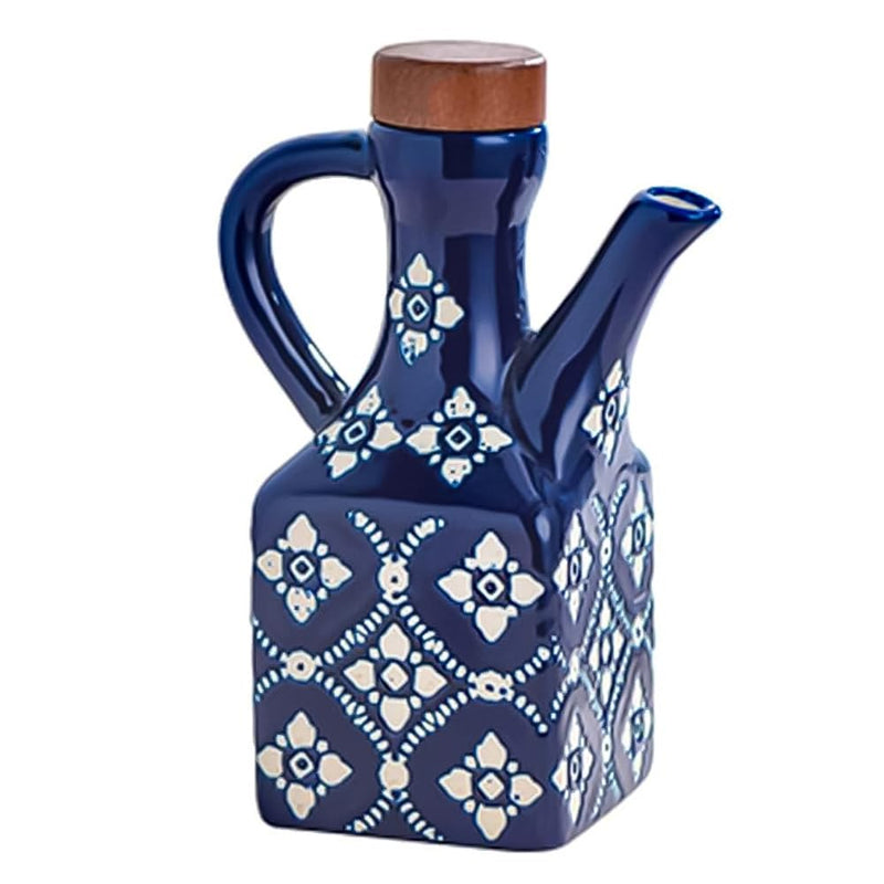 Ceramic Olive Oil Dispenser Bottle 8.5 oz – Decanter for Kitchen with Handle & Wooden Stopper, Decorative Oil and Vinegar Dispenser Set, Cooking Oil Container Cruet for Olive, Avocado, Vinegar, Jar BLUE - 8.5 oz