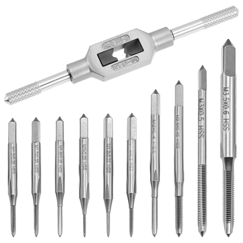 QWORK 11 Pieces Tap Drill Bit Set - HSS Tap M1-M3.5 with Adjustable Tap Wrench - Professional Tap Set for Soft Metals, Wood and Plastic