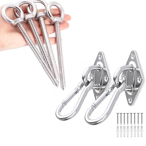 OHIYO Heavy Duty M10 Hanging Bundle: 4 Self-Tapping Eye Hooks (6.3inch) + 2 Pad & 2 Snap Hooks for Hammock, Swing, Yoga, Indoor/Outdoor