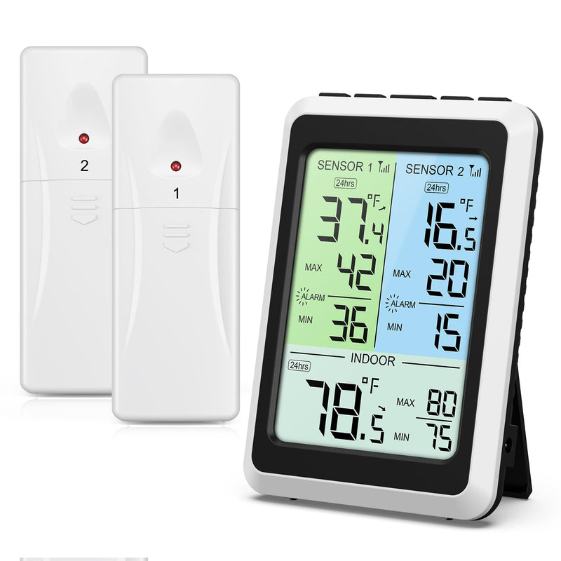 Upgraded Refrigerator Thermometer with Freezer Alarm, Digital Wireless Fridge Thermometer with 2 Sensors, 4.5" LCD Display, ℃/℉, Backlight Min/Max Record for Kitchen Home Restaurant