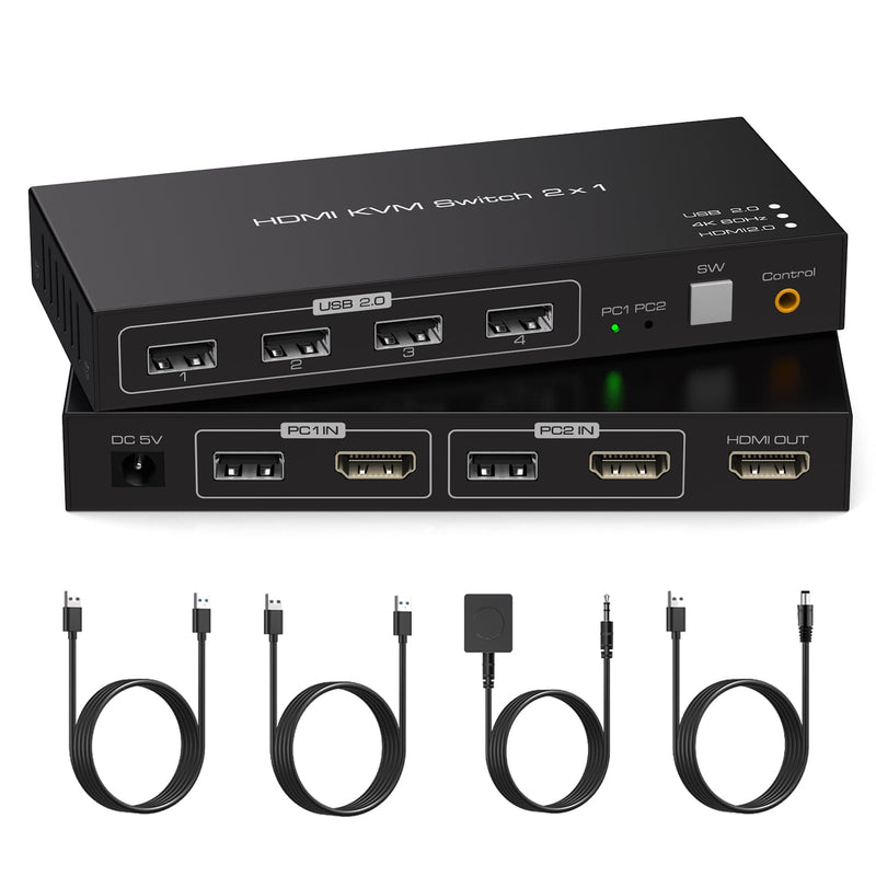 4K60HZ KVM Switch 1 Monitors 2 Computers HDMI KVM Switches for 2 Computers Sharing Single Monitor and Keyboard Mouse Hard Drives Printer with Two USB Cables and Wired Controller SW201ABG Deep Black