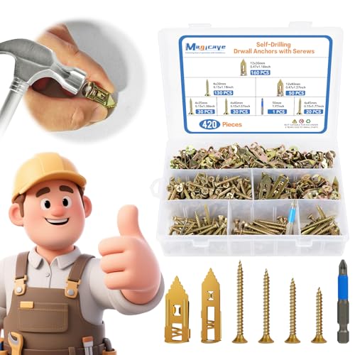 420 Pcs Self Drilling Drywall Anchors with Screws Kit, 2 Sizes Drywall Anchors and 4 Sizes Zinc Plated Screws, Holds Up to 100lbs, No Pre-Drill Needed, for TV, Shelf Straps, Picture Frames 2 Sizes-420 PCS