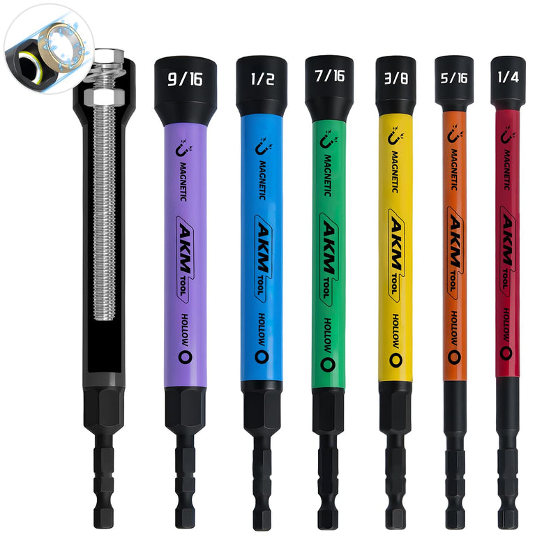 6 PCS Hollow Nut Driver Set, Magnetic nut driver set, Hollow Shaft Nut Driver Set, SAE, Color Coded, Hex Sizes, 1/4 to 9/16-Inch, Nut Setter, Hollow Nut Driver with 5-Inch Extended Reach 6 Pcs Hollow Magnetic Nut Driver