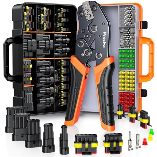 Ratchet Crimping Tool Kit with Crimper,18–14 AWG Wire Crimper, IP67 Waterproof Automotive Electrical Connectors 1/2/3/4/5 Pin & Terminal Removal Tools for Motorcycle, Marine, Boat Waterproof Connectors