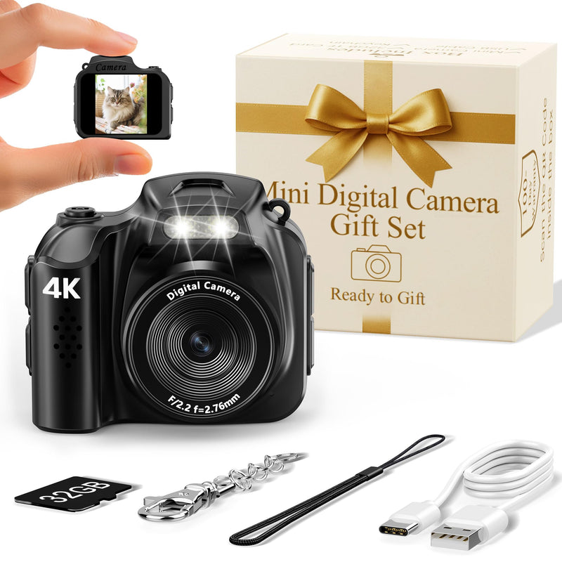 FLATIC Mini Keychain Camera –4K Digital Tiny Camera with 32GB Card & Elegant Gift Box, Fun Pocket-Sized Gadget for Kids & Adults, Collectible Gift for Travel, Birthdays & Stocking Stuffers, Black