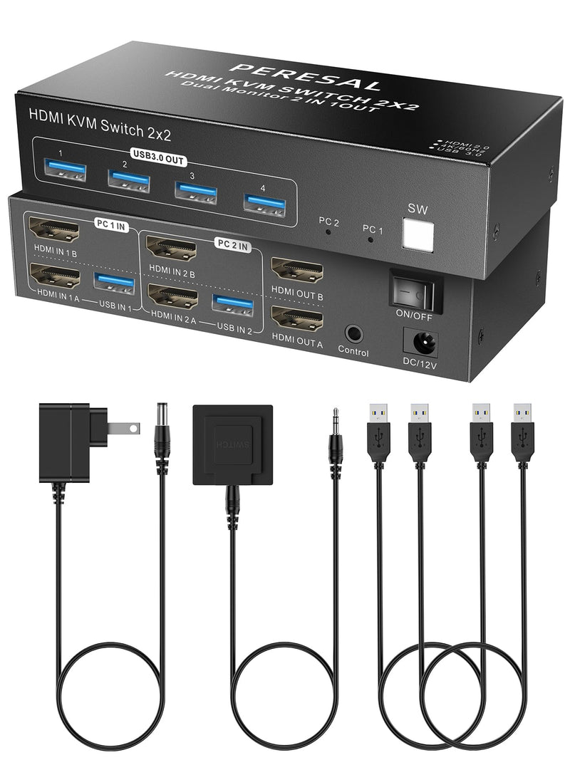 Dual Monitor HDMI KVM Switch, 2 Computers 4K60Hz Dual Monitor KVM Switches for Dual PC or Laptops,4 USB 3.0 Ports Support Extended/Copy Mode with DC 12V Adapter&Wired Controller