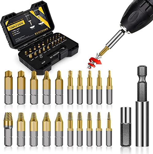 Gifts for Men - 22Pcs Titanium Damaged Screw Extractor Set, Remover for Stripped Head Screws Nuts & Bolts Drill Bit Tools for Easy Removal of Rusty & Broken Hardware High Speed Steel Superb Gift Gold